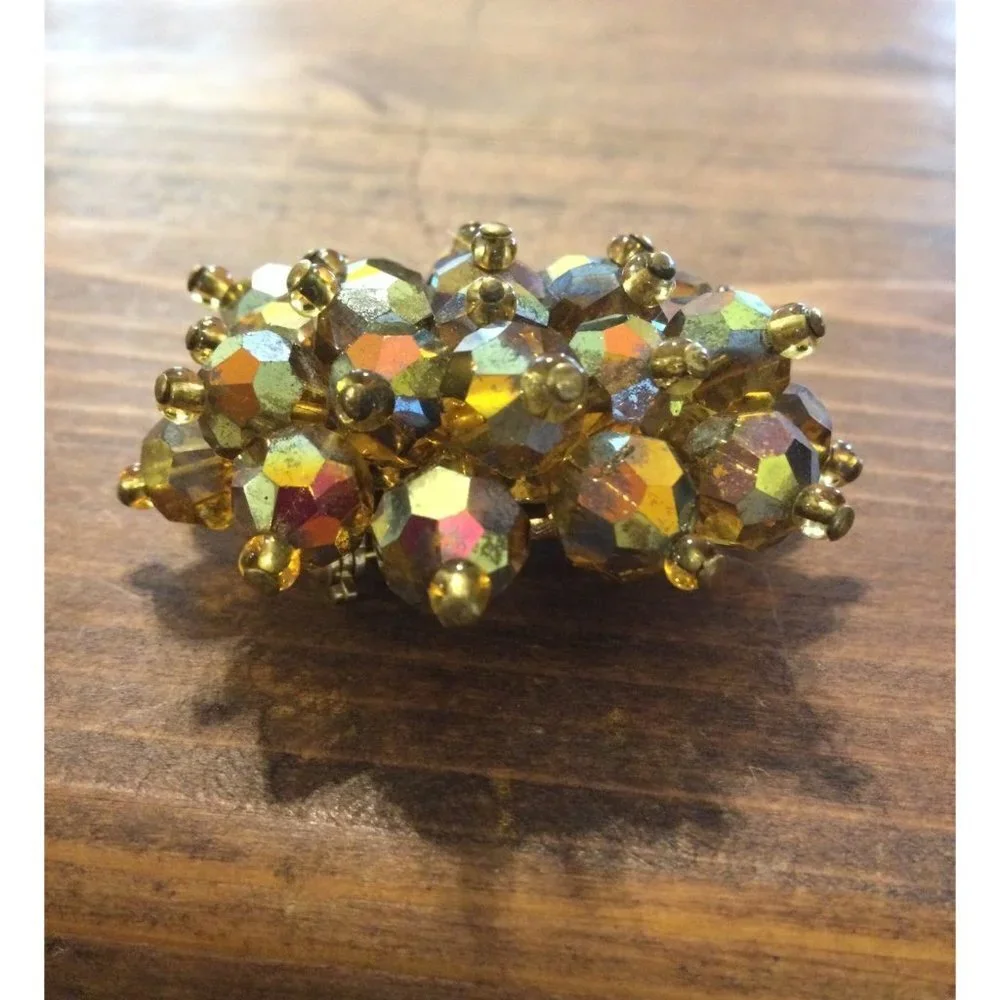 Vintage Mid Century Iridescent Copper Crystal Bead Cluster Brooch Old Money